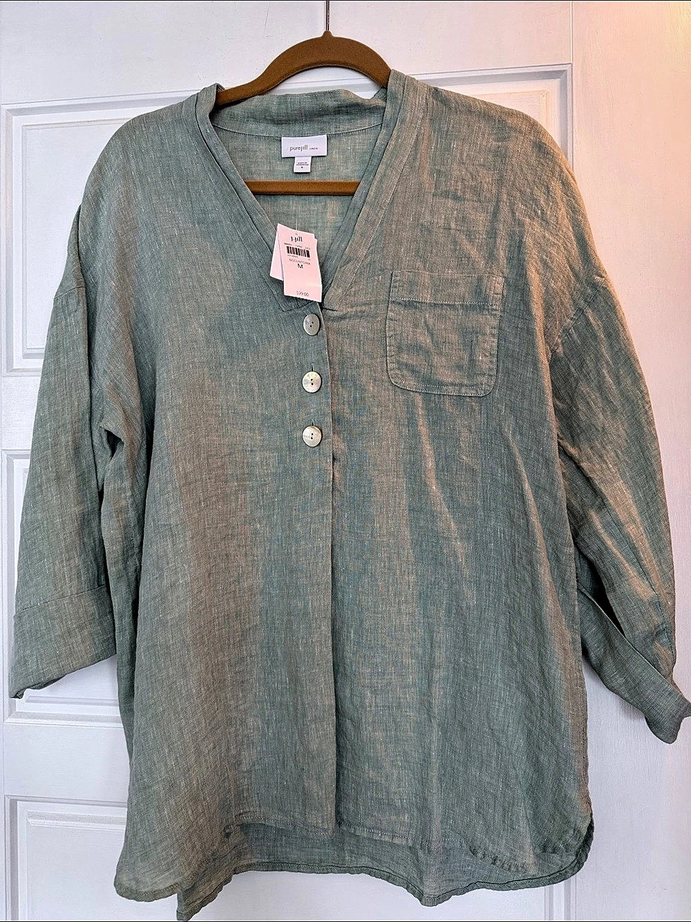 Pure Jill Textured Button Front Blouse in Green Size Medium